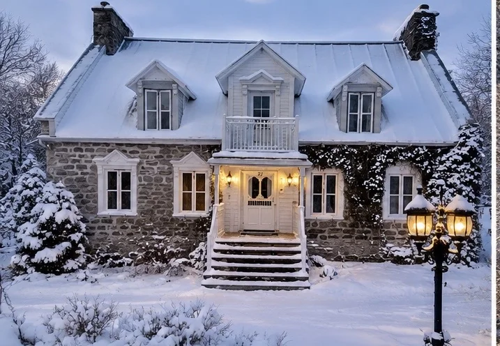 Snow-covered stone facade of Auberge du Manoir