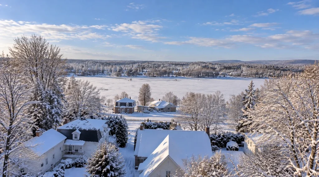 Winter view towards the Sainte-Anne River from the rear of Auberge du Manoir